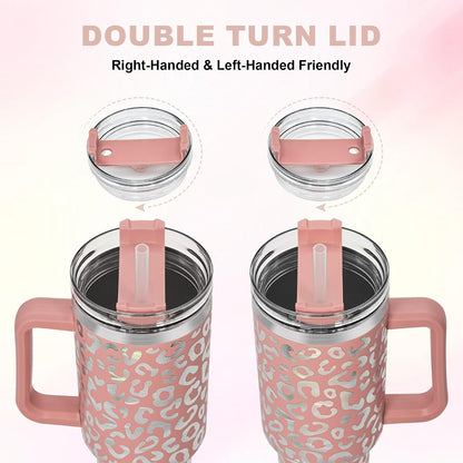 40 oz Tumbler with Handle and Straw, 100% Leak-Proof Travel Mug, Stainless Steel Double Wall Vacuum Insulated Coffee Cup Keeps Cold For 34 Hours, Dishwasher Safe, White Leopard