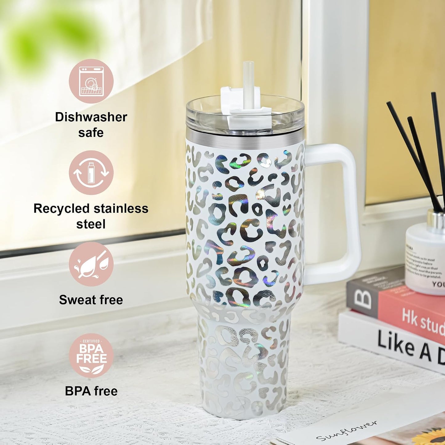 40 oz Tumbler with Handle and Straw, 100% Leak-Proof Travel Mug, Stainless Steel Double Wall Vacuum Insulated Coffee Cup Keeps Cold For 34 Hours, Dishwasher Safe, White Leopard