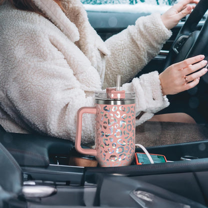 40 oz Tumbler with Handle and Straw, 100% Leak-Proof Travel Mug, Stainless Steel Double Wall Vacuum Insulated Coffee Cup Keeps Cold For 34 Hours, Dishwasher Safe, White Leopard