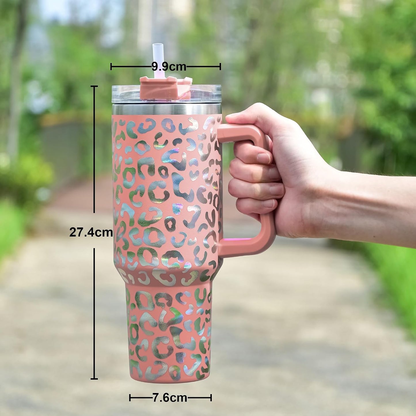 40 oz Tumbler with Handle and Straw, 100% Leak-Proof Travel Mug, Stainless Steel Double Wall Vacuum Insulated Coffee Cup Keeps Cold For 34 Hours, Dishwasher Safe, White Leopard