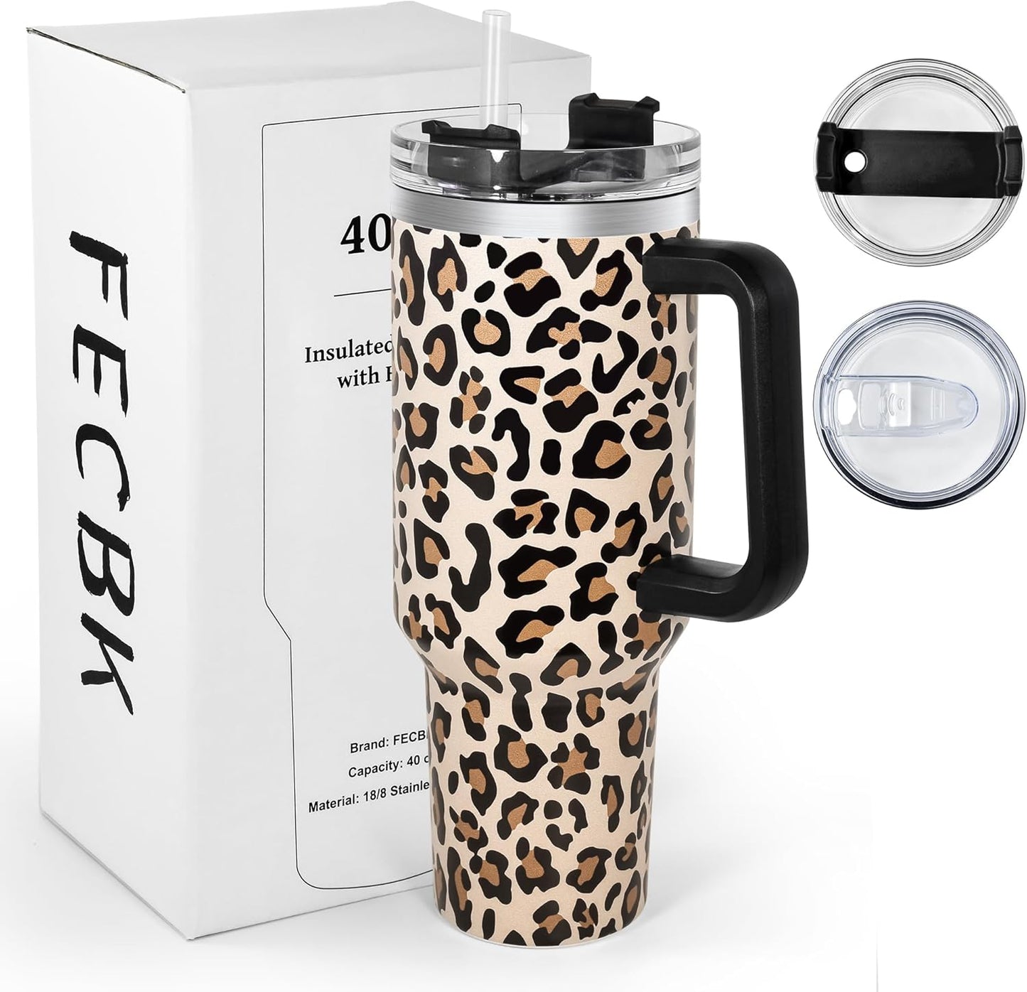 40 oz Tumbler with Handle and Straw, 100% Leak-Proof Travel Mug, Stainless Steel Double Wall Vacuum Insulated Coffee Cup Keeps Cold For 34 Hours, Dishwasher Safe, White Leopard