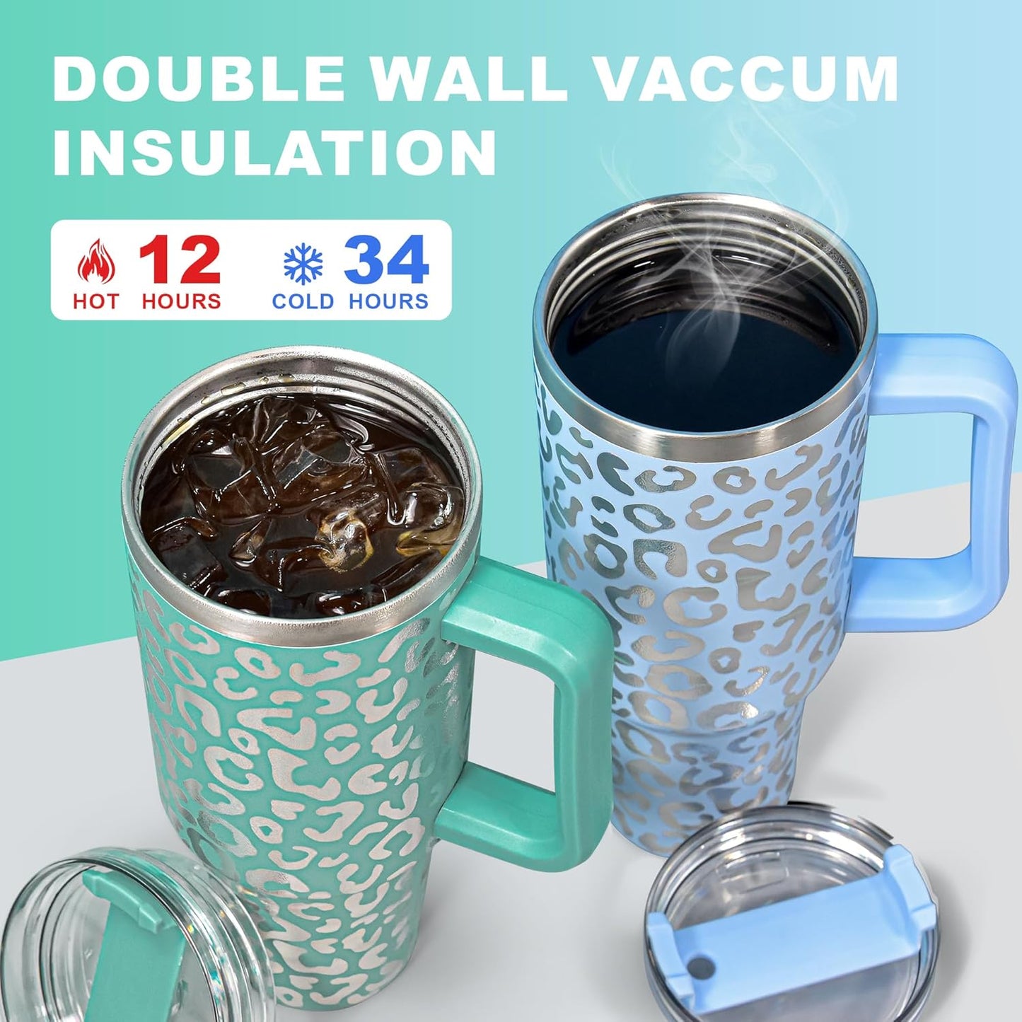 40 oz Tumbler with Handle and Straw, 100% Leak-Proof Travel Mug, Stainless Steel Double Wall Vacuum Insulated Coffee Cup Keeps Cold For 34 Hours, Dishwasher Safe, White Leopard