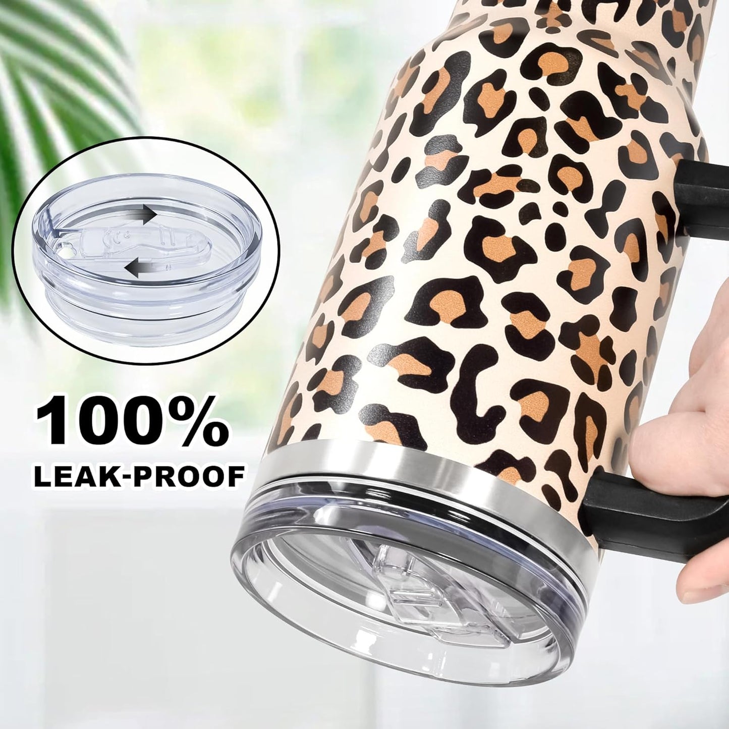 40 oz Tumbler with Handle and Straw, 100% Leak-Proof Travel Mug, Stainless Steel Double Wall Vacuum Insulated Coffee Cup Keeps Cold For 34 Hours, Dishwasher Safe, White Leopard