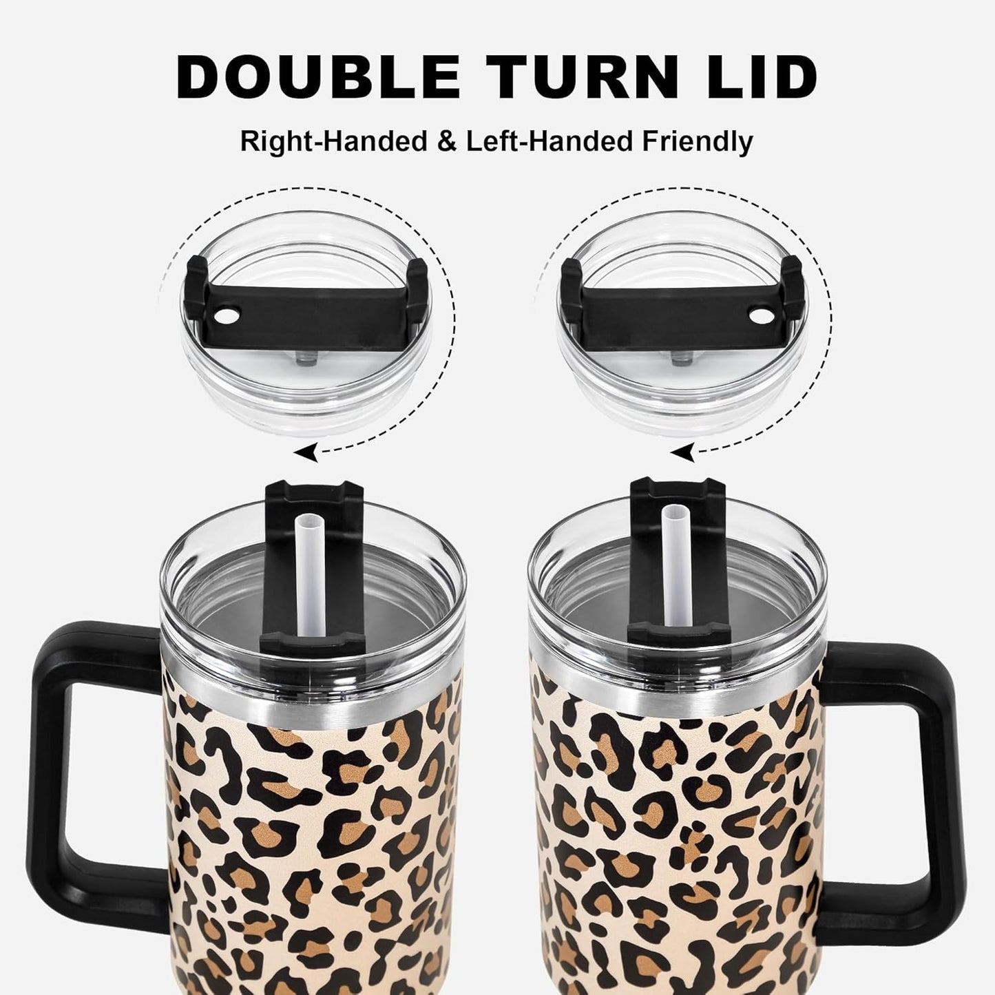 40 oz Tumbler with Handle and Straw, 100% Leak-Proof Travel Mug, Stainless Steel Double Wall Vacuum Insulated Coffee Cup Keeps Cold For 34 Hours, Dishwasher Safe, White Leopard