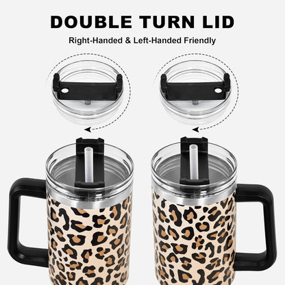 40 oz Tumbler with Handle and Straw, 100% Leak-Proof Travel Mug, Stainless Steel Double Wall Vacuum Insulated Coffee Cup Keeps Cold For 34 Hours, Dishwasher Safe, White Leopard