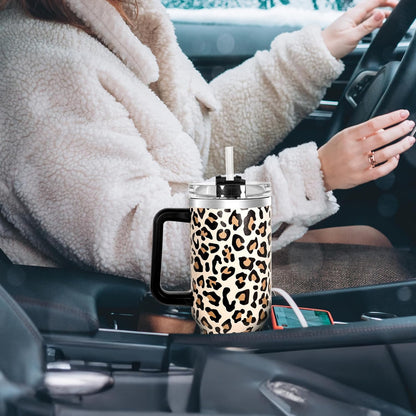 40 oz Tumbler with Handle and Straw, 100% Leak-Proof Travel Mug, Stainless Steel Double Wall Vacuum Insulated Coffee Cup Keeps Cold For 34 Hours, Dishwasher Safe, White Leopard