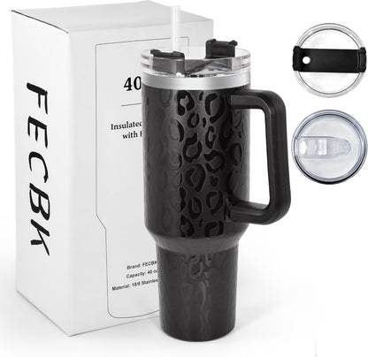 40 oz Tumbler with Handle and Straw, 100% Leak-Proof Travel Mug, Stainless Steel Double Wall Vacuum Insulated Coffee Cup Keeps Cold For 34 Hours, Dishwasher Safe, White Leopard