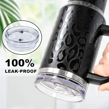 40 oz Tumbler with Handle and Straw, 100% Leak-Proof Travel Mug, Stainless Steel Double Wall Vacuum Insulated Coffee Cup Keeps Cold For 34 Hours, Dishwasher Safe, White Leopard
