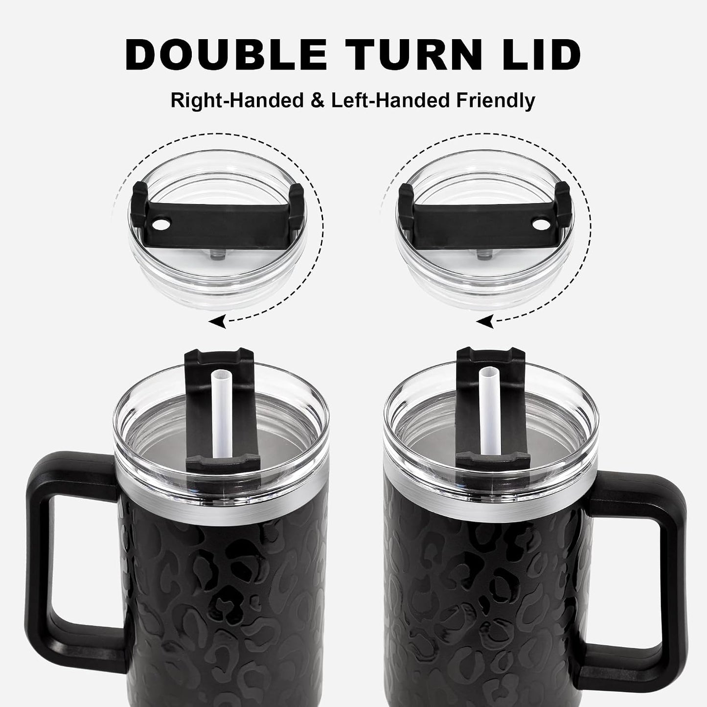 40 oz Tumbler with Handle and Straw, 100% Leak-Proof Travel Mug, Stainless Steel Double Wall Vacuum Insulated Coffee Cup Keeps Cold For 34 Hours, Dishwasher Safe, White Leopard