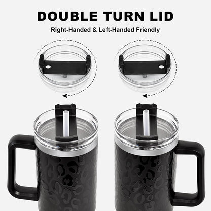 40 oz Tumbler with Handle and Straw, 100% Leak-Proof Travel Mug, Stainless Steel Double Wall Vacuum Insulated Coffee Cup Keeps Cold For 34 Hours, Dishwasher Safe, White Leopard