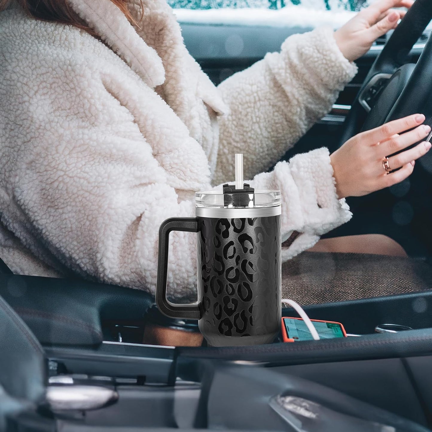 40 oz Tumbler with Handle and Straw, 100% Leak-Proof Travel Mug, Stainless Steel Double Wall Vacuum Insulated Coffee Cup Keeps Cold For 34 Hours, Dishwasher Safe, White Leopard
