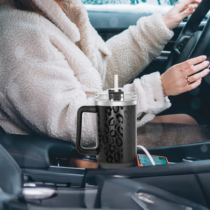 40 oz Tumbler with Handle and Straw, 100% Leak-Proof Travel Mug, Stainless Steel Double Wall Vacuum Insulated Coffee Cup Keeps Cold For 34 Hours, Dishwasher Safe, White Leopard
