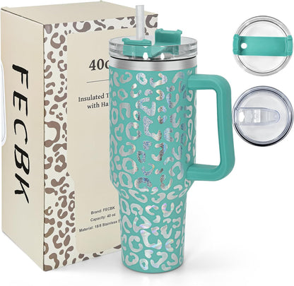 40 oz Tumbler with Handle and Straw, 100% Leak-Proof Travel Mug, Stainless Steel Double Wall Vacuum Insulated Coffee Cup Keeps Cold For 34 Hours, Dishwasher Safe, White Leopard