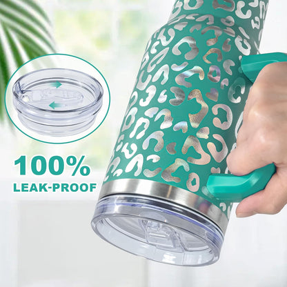 40 oz Tumbler with Handle and Straw, 100% Leak-Proof Travel Mug, Stainless Steel Double Wall Vacuum Insulated Coffee Cup Keeps Cold For 34 Hours, Dishwasher Safe, White Leopard