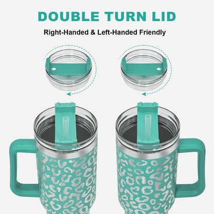 40 oz Tumbler with Handle and Straw, 100% Leak-Proof Travel Mug, Stainless Steel Double Wall Vacuum Insulated Coffee Cup Keeps Cold For 34 Hours, Dishwasher Safe, White Leopard