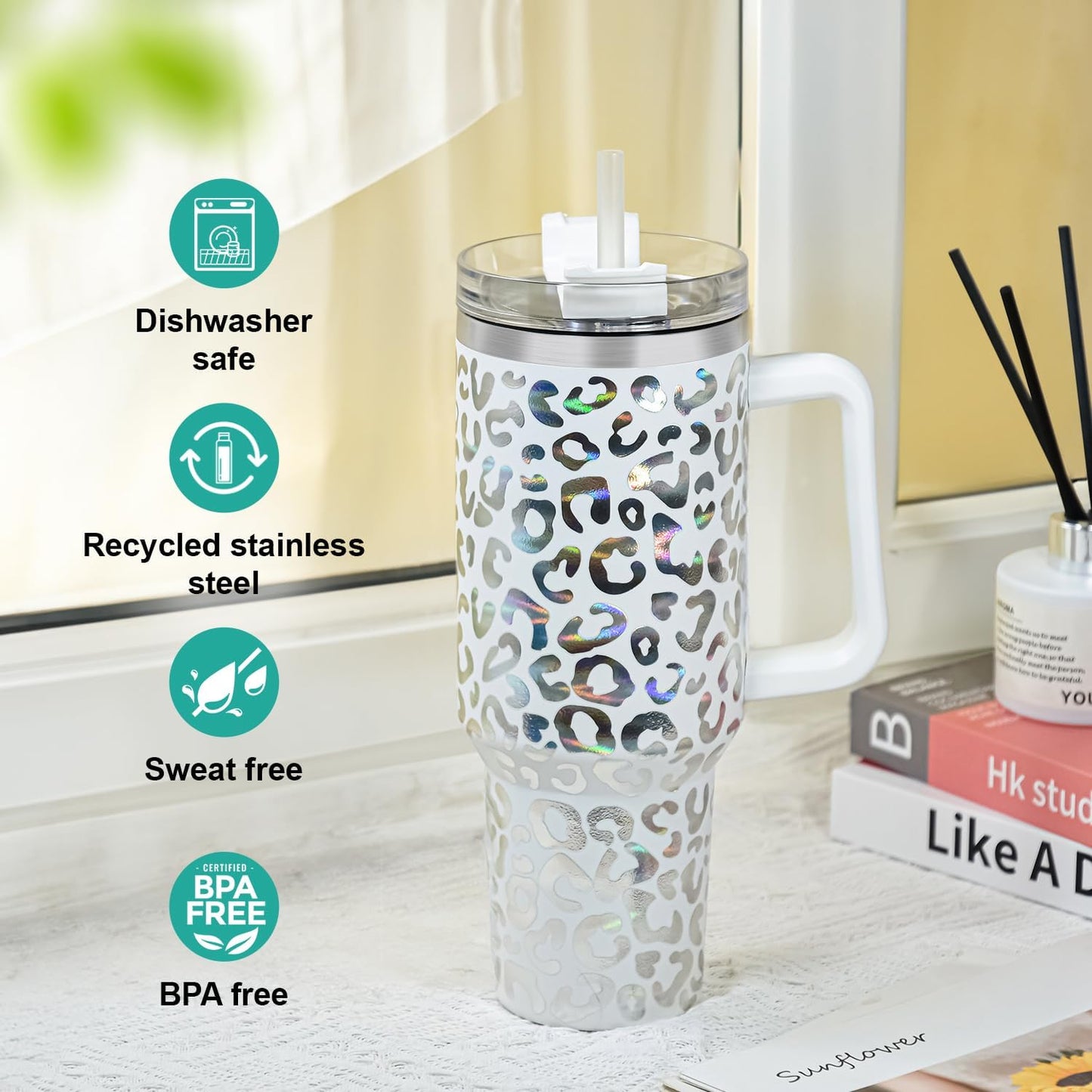 40 oz Tumbler with Handle and Straw, 100% Leak-Proof Travel Mug, Stainless Steel Double Wall Vacuum Insulated Coffee Cup Keeps Cold For 34 Hours, Dishwasher Safe, White Leopard