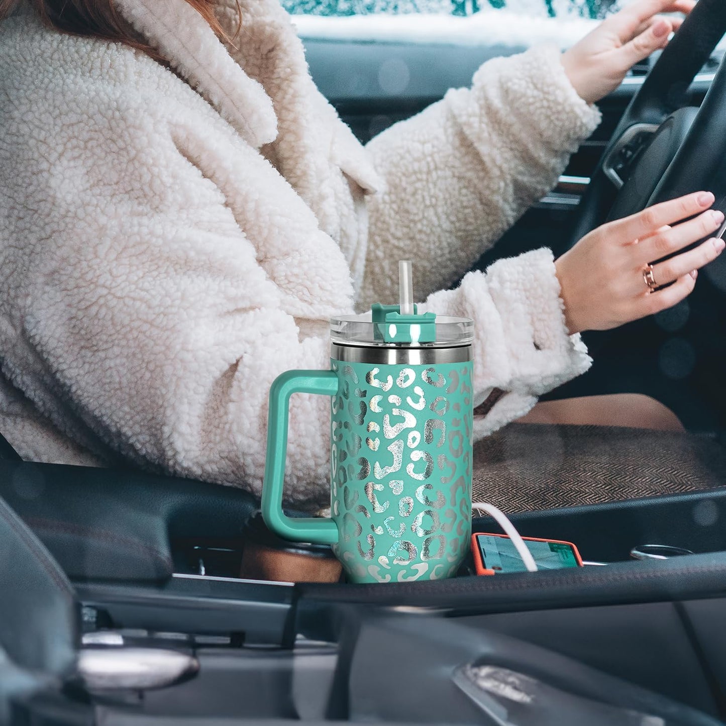 40 oz Tumbler with Handle and Straw, 100% Leak-Proof Travel Mug, Stainless Steel Double Wall Vacuum Insulated Coffee Cup Keeps Cold For 34 Hours, Dishwasher Safe, White Leopard