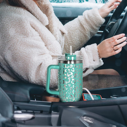 40 oz Tumbler with Handle and Straw, 100% Leak-Proof Travel Mug, Stainless Steel Double Wall Vacuum Insulated Coffee Cup Keeps Cold For 34 Hours, Dishwasher Safe, White Leopard
