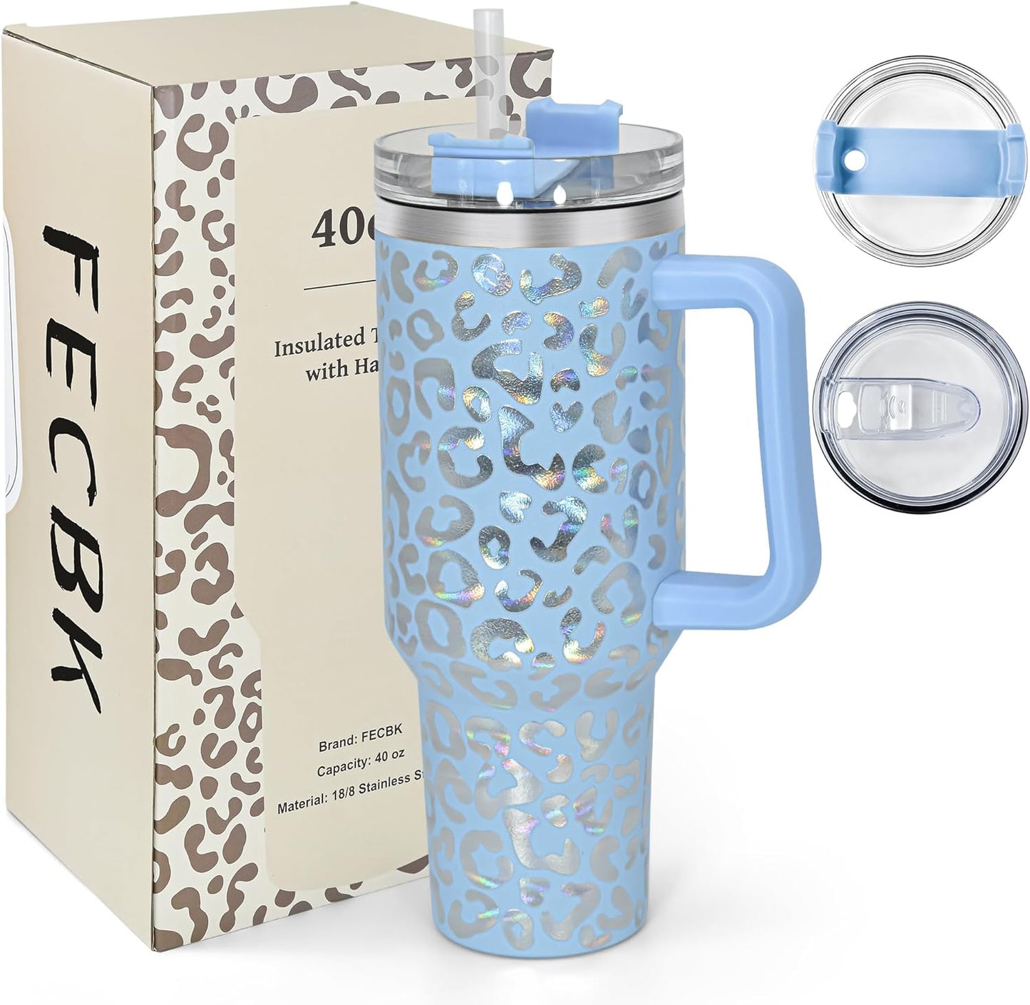 40 oz Tumbler with Handle and Straw, 100% Leak-Proof Travel Mug, Stainless Steel Double Wall Vacuum Insulated Coffee Cup Keeps Cold For 34 Hours, Dishwasher Safe, White Leopard
