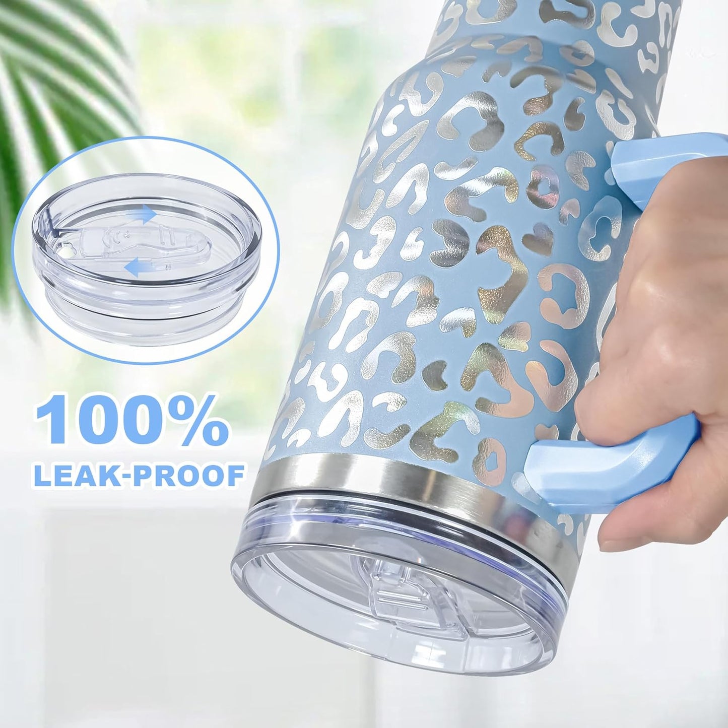 40 oz Tumbler with Handle and Straw, 100% Leak-Proof Travel Mug, Stainless Steel Double Wall Vacuum Insulated Coffee Cup Keeps Cold For 34 Hours, Dishwasher Safe, White Leopard