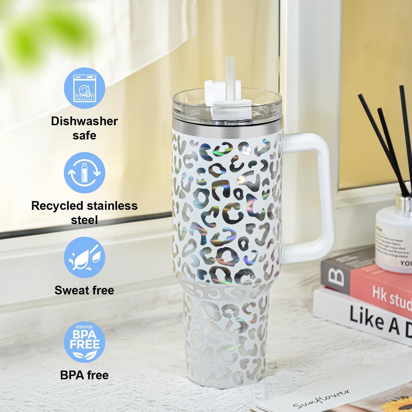 40 oz Tumbler with Handle and Straw, 100% Leak-Proof Travel Mug, Stainless Steel Double Wall Vacuum Insulated Coffee Cup Keeps Cold For 34 Hours, Dishwasher Safe, White Leopard