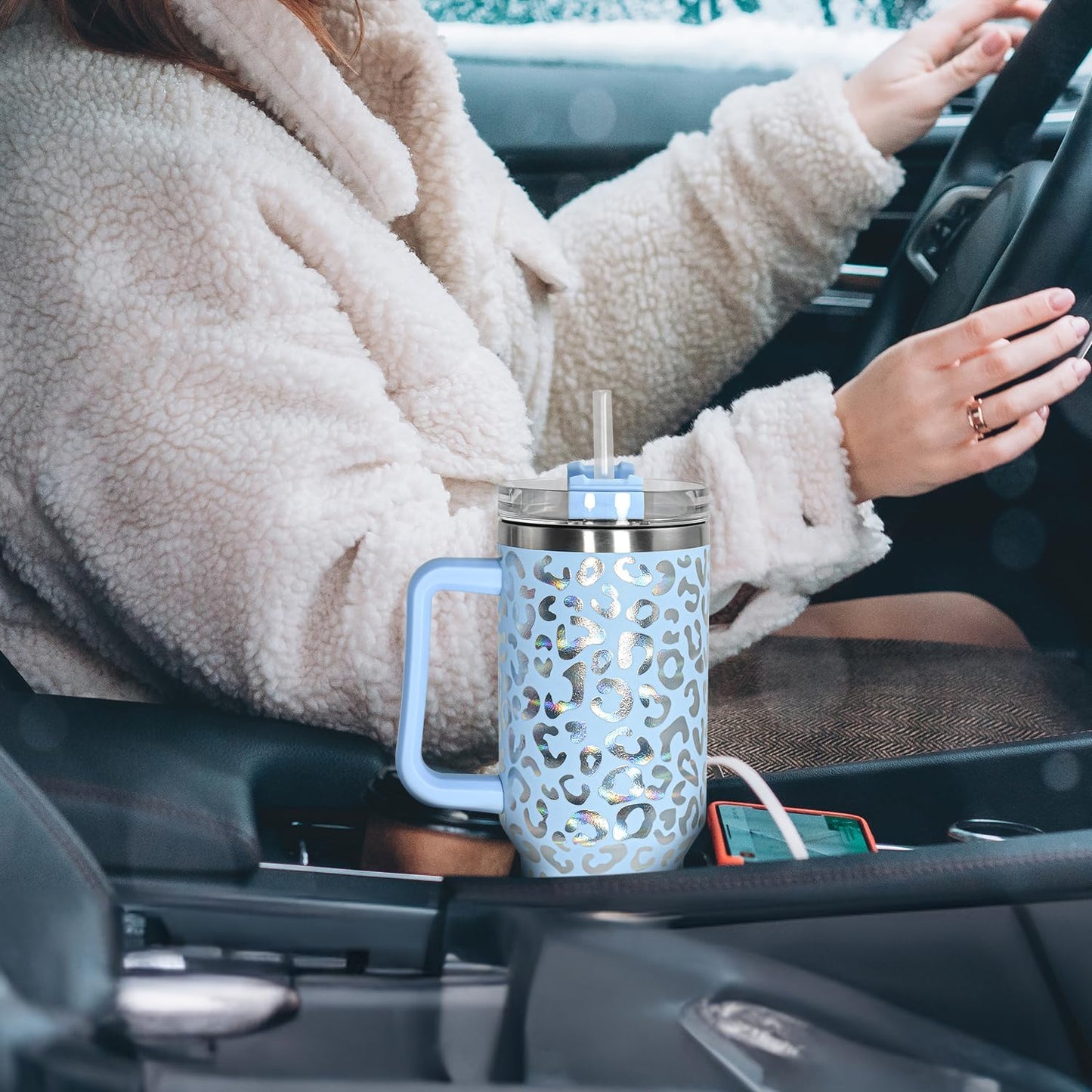 40 oz Tumbler with Handle and Straw, 100% Leak-Proof Travel Mug, Stainless Steel Double Wall Vacuum Insulated Coffee Cup Keeps Cold For 34 Hours, Dishwasher Safe, White Leopard