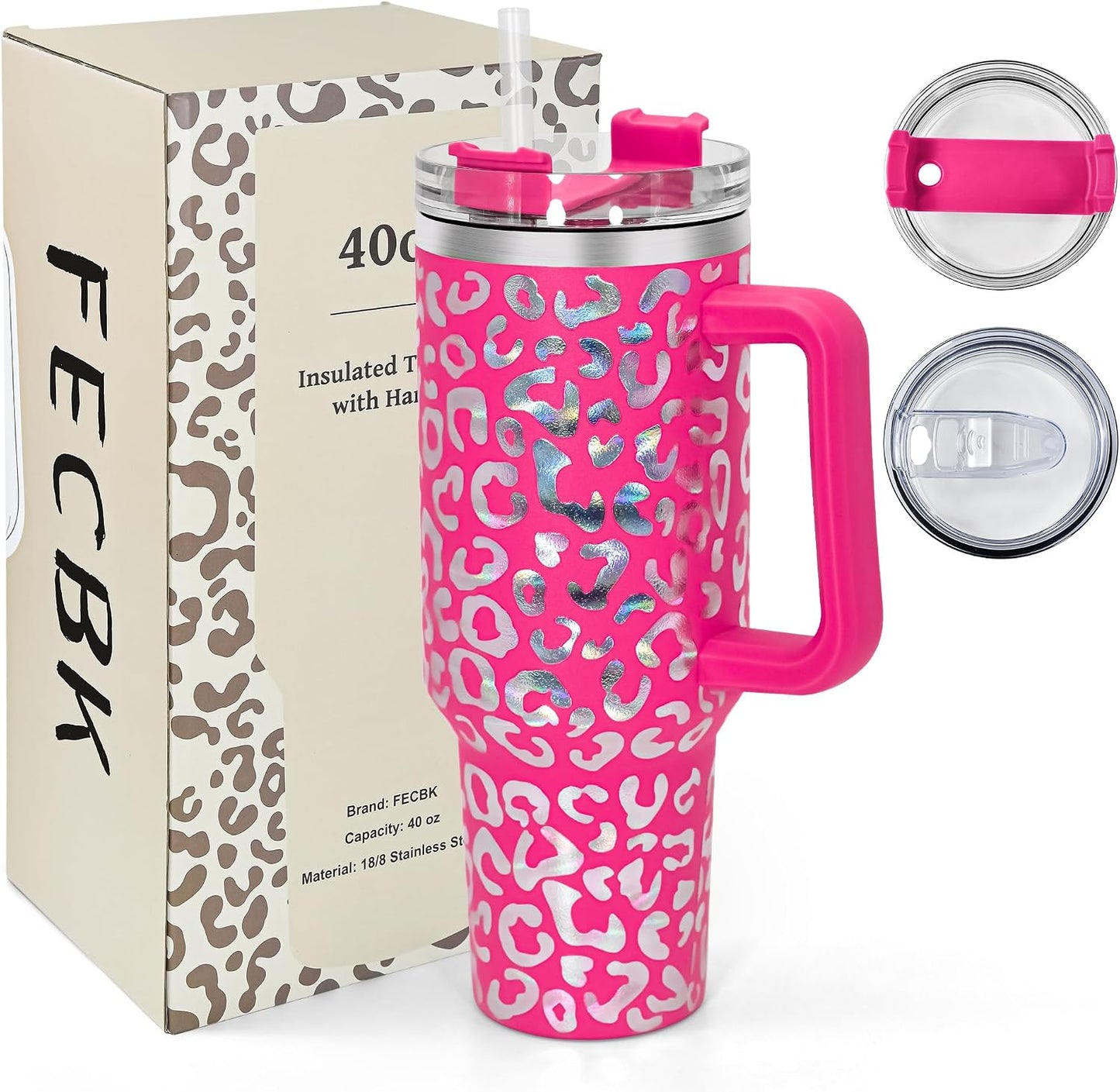 40 oz Tumbler with Handle and Straw, 100% Leak-Proof Travel Mug, Stainless Steel Double Wall Vacuum Insulated Coffee Cup Keeps Cold For 34 Hours, Dishwasher Safe, White Leopard