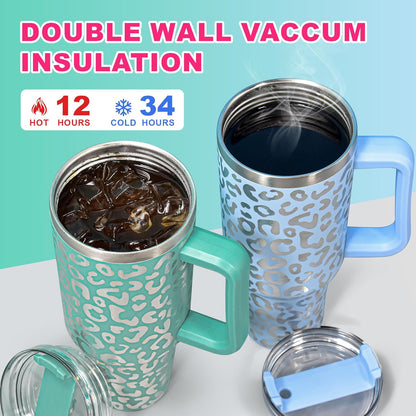 40 oz Tumbler with Handle and Straw, 100% Leak-Proof Travel Mug, Stainless Steel Double Wall Vacuum Insulated Coffee Cup Keeps Cold For 34 Hours, Dishwasher Safe, White Leopard