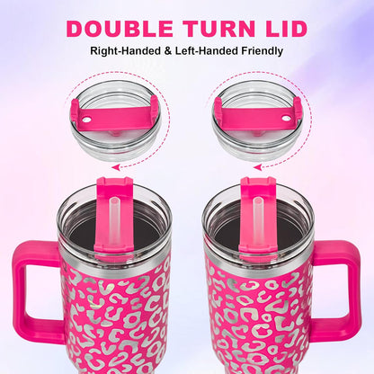 40 oz Tumbler with Handle and Straw, 100% Leak-Proof Travel Mug, Stainless Steel Double Wall Vacuum Insulated Coffee Cup Keeps Cold For 34 Hours, Dishwasher Safe, White Leopard