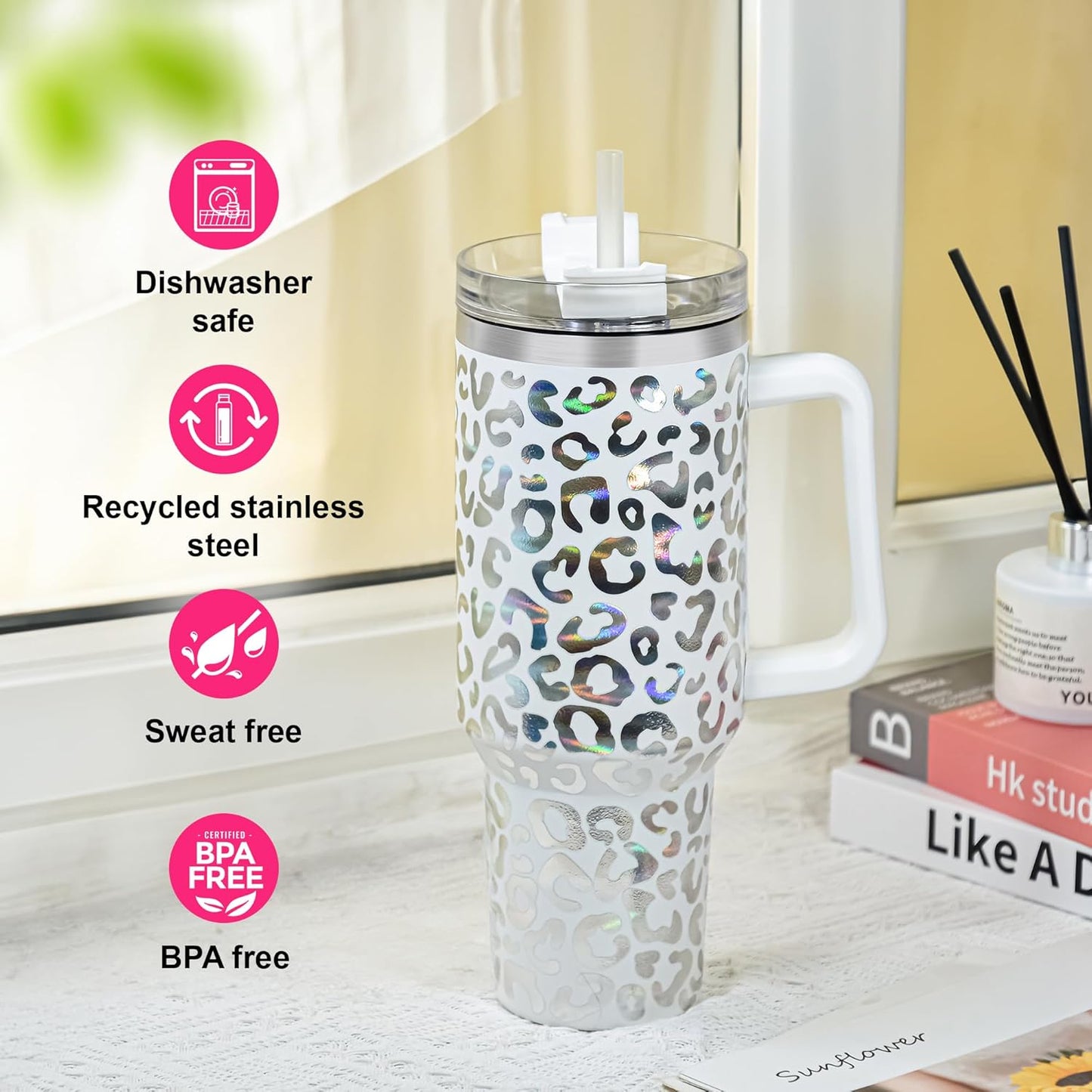 40 oz Tumbler with Handle and Straw, 100% Leak-Proof Travel Mug, Stainless Steel Double Wall Vacuum Insulated Coffee Cup Keeps Cold For 34 Hours, Dishwasher Safe, White Leopard