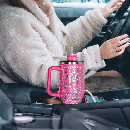 40 oz Tumbler with Handle and Straw, 100% Leak-Proof Travel Mug, Stainless Steel Double Wall Vacuum Insulated Coffee Cup Keeps Cold For 34 Hours, Dishwasher Safe, White Leopard