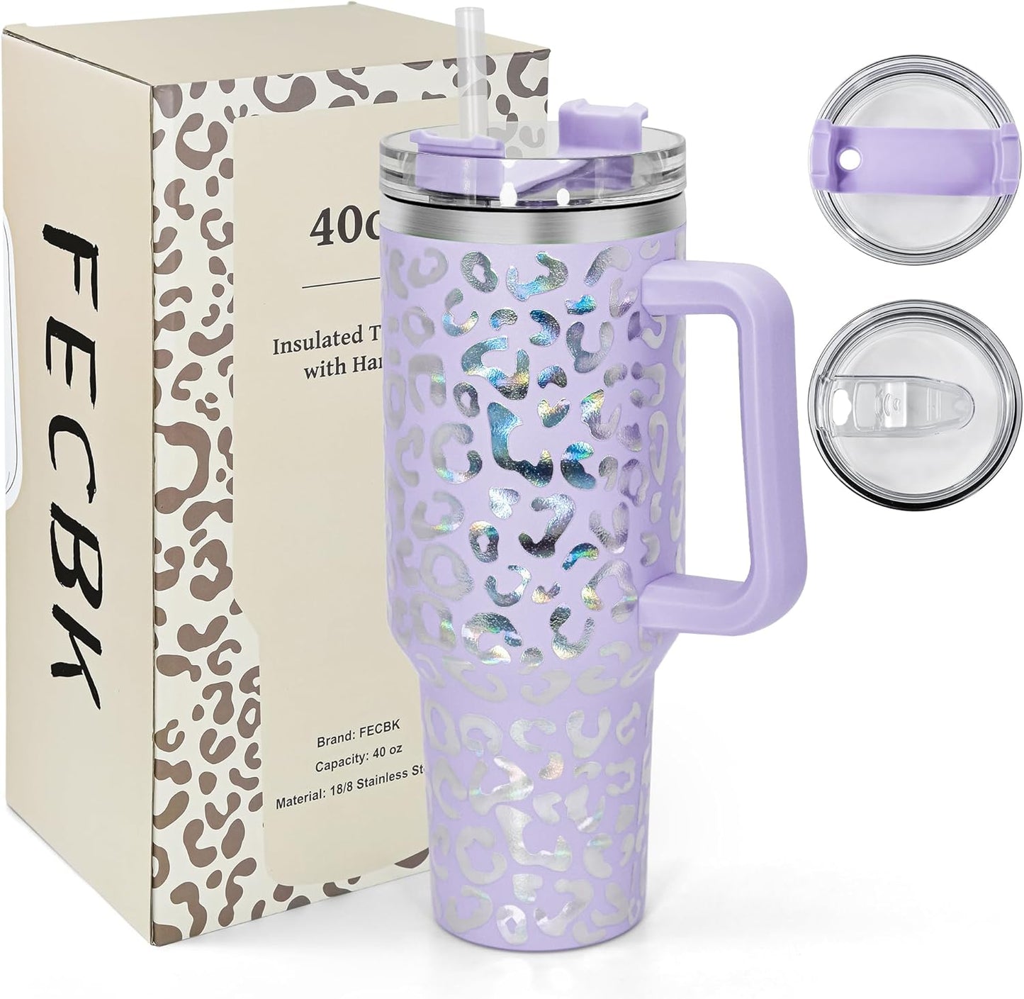 40 oz Tumbler with Handle and Straw, 100% Leak-Proof Travel Mug, Stainless Steel Double Wall Vacuum Insulated Coffee Cup Keeps Cold For 34 Hours, Dishwasher Safe, White Leopard