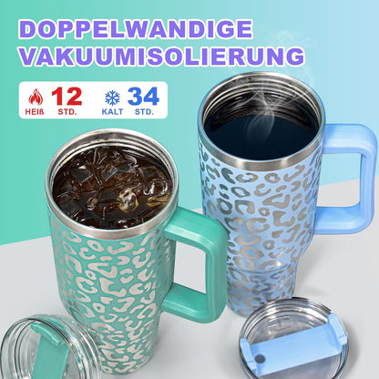 40 oz Tumbler with Handle and Straw, 100% Leak-Proof Travel Mug, Stainless Steel Double Wall Vacuum Insulated Coffee Cup Keeps Cold For 34 Hours, Dishwasher Safe, White Leopard