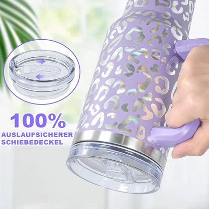 40 oz Tumbler with Handle and Straw, 100% Leak-Proof Travel Mug, Stainless Steel Double Wall Vacuum Insulated Coffee Cup Keeps Cold For 34 Hours, Dishwasher Safe, White Leopard