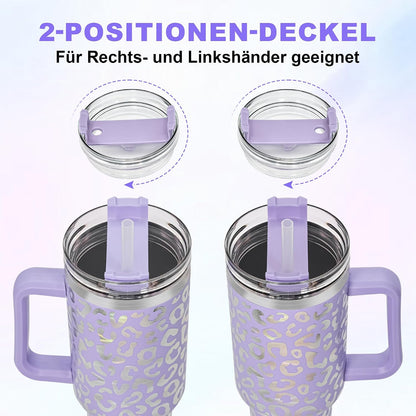 40 oz Tumbler with Handle and Straw, 100% Leak-Proof Travel Mug, Stainless Steel Double Wall Vacuum Insulated Coffee Cup Keeps Cold For 34 Hours, Dishwasher Safe, White Leopard