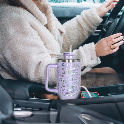 40 oz Tumbler with Handle and Straw, 100% Leak-Proof Travel Mug, Stainless Steel Double Wall Vacuum Insulated Coffee Cup Keeps Cold For 34 Hours, Dishwasher Safe, White Leopard