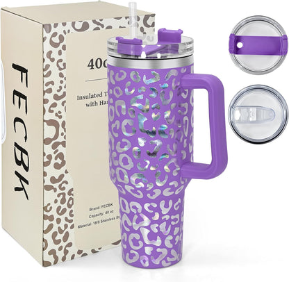 40 oz Tumbler with Handle and Straw, 100% Leak-Proof Travel Mug, Stainless Steel Double Wall Vacuum Insulated Coffee Cup Keeps Cold For 34 Hours, Dishwasher Safe, White Leopard