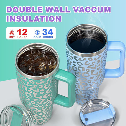 40 oz Tumbler with Handle and Straw, 100% Leak-Proof Travel Mug, Stainless Steel Double Wall Vacuum Insulated Coffee Cup Keeps Cold For 34 Hours, Dishwasher Safe, White Leopard