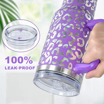 40 oz Tumbler with Handle and Straw, 100% Leak-Proof Travel Mug, Stainless Steel Double Wall Vacuum Insulated Coffee Cup Keeps Cold For 34 Hours, Dishwasher Safe, White Leopard