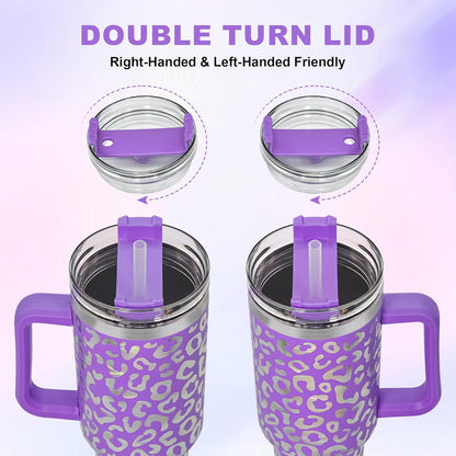 40 oz Tumbler with Handle and Straw, 100% Leak-Proof Travel Mug, Stainless Steel Double Wall Vacuum Insulated Coffee Cup Keeps Cold For 34 Hours, Dishwasher Safe, White Leopard