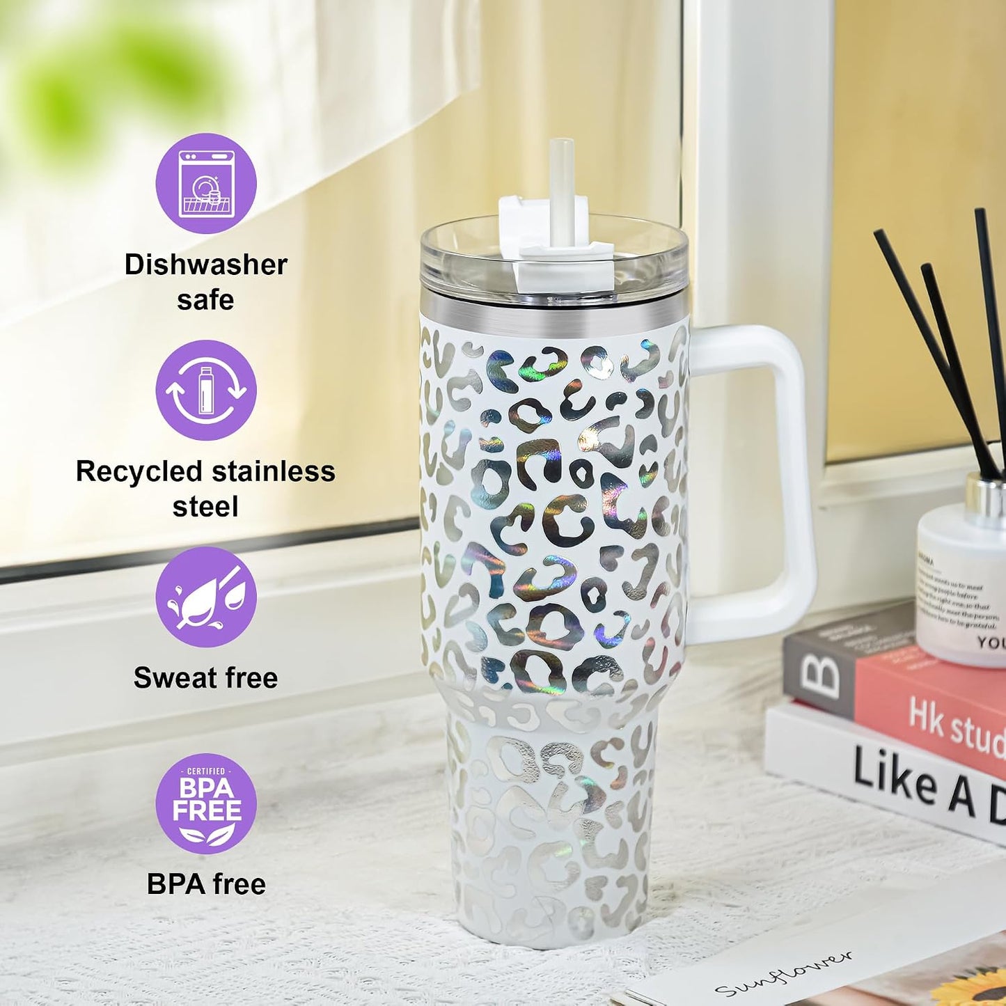 40 oz Tumbler with Handle and Straw, 100% Leak-Proof Travel Mug, Stainless Steel Double Wall Vacuum Insulated Coffee Cup Keeps Cold For 34 Hours, Dishwasher Safe, White Leopard