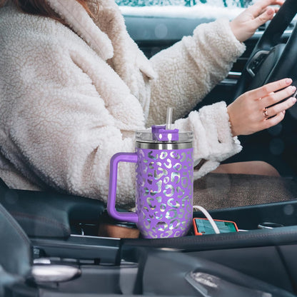 40 oz Tumbler with Handle and Straw, 100% Leak-Proof Travel Mug, Stainless Steel Double Wall Vacuum Insulated Coffee Cup Keeps Cold For 34 Hours, Dishwasher Safe, White Leopard