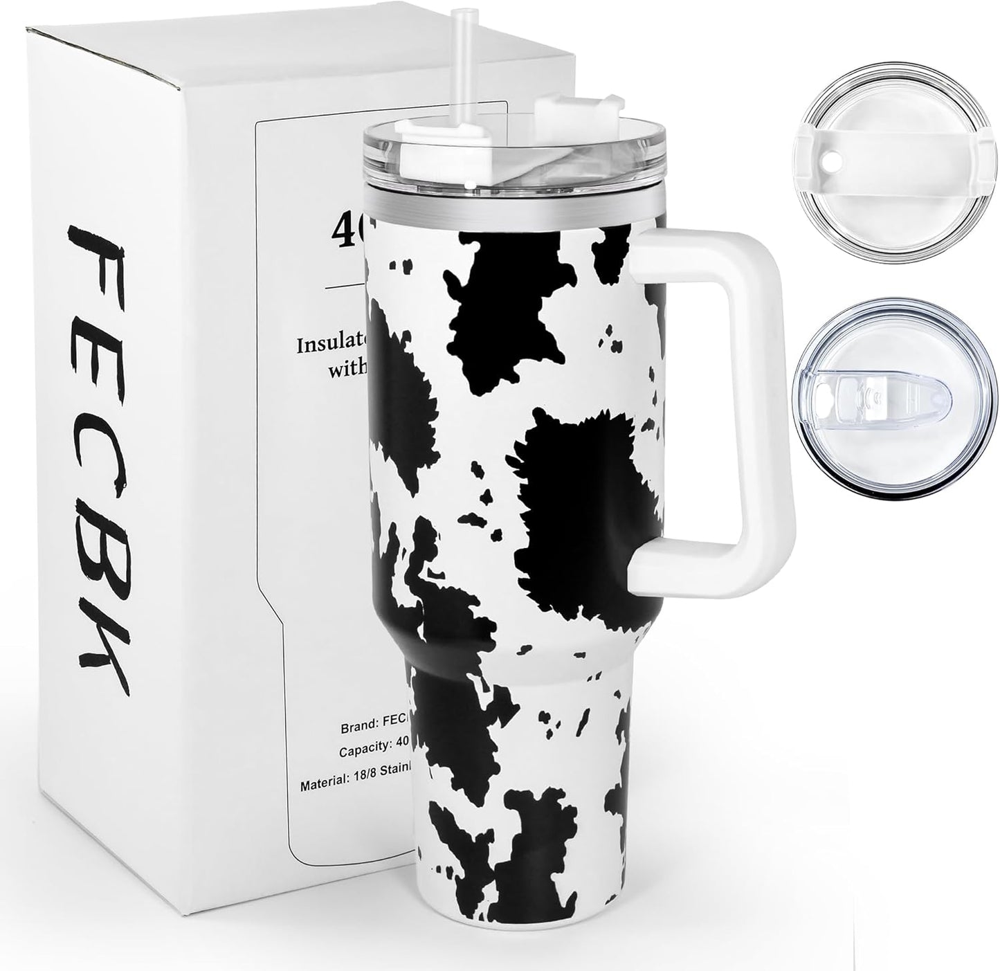 40 oz Tumbler with Handle and Straw, 100% Leak-Proof Travel Mug, Stainless Steel Double Wall Vacuum Insulated Coffee Cup Keeps Cold For 34 Hours, Dishwasher Safe, White Leopard