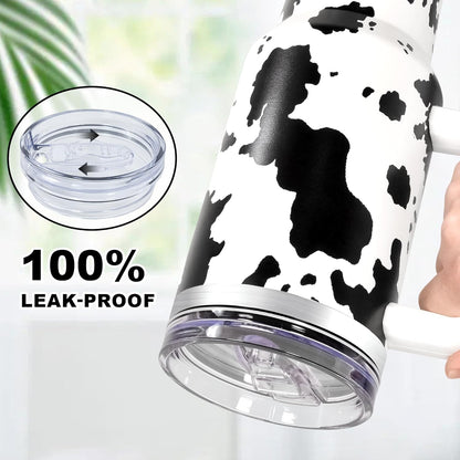 40 oz Tumbler with Handle and Straw, 100% Leak-Proof Travel Mug, Stainless Steel Double Wall Vacuum Insulated Coffee Cup Keeps Cold For 34 Hours, Dishwasher Safe, White Leopard