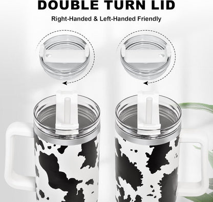 40 oz Tumbler with Handle and Straw, 100% Leak-Proof Travel Mug, Stainless Steel Double Wall Vacuum Insulated Coffee Cup Keeps Cold For 34 Hours, Dishwasher Safe, White Leopard