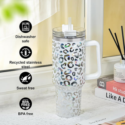 40 oz Tumbler with Handle and Straw, 100% Leak-Proof Travel Mug, Stainless Steel Double Wall Vacuum Insulated Coffee Cup Keeps Cold For 34 Hours, Dishwasher Safe, White Leopard
