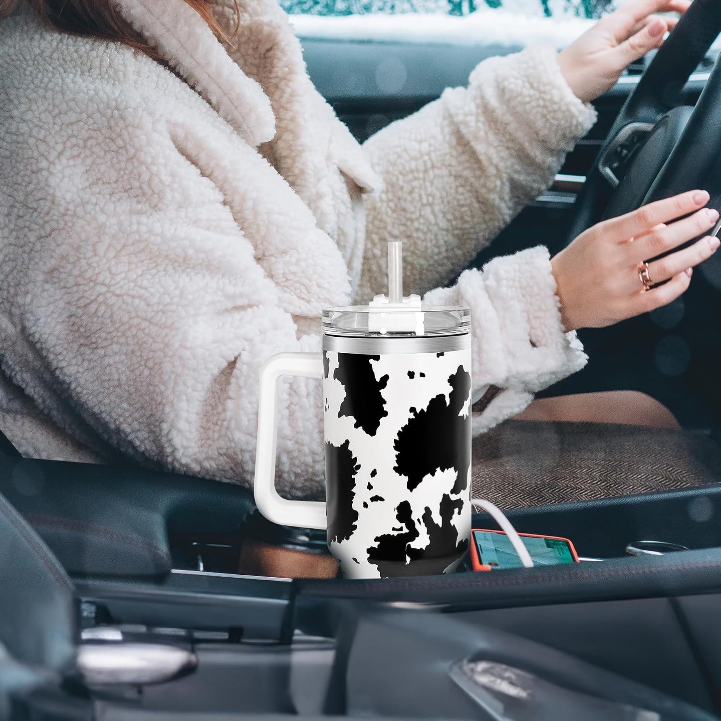 40 oz Tumbler with Handle and Straw, 100% Leak-Proof Travel Mug, Stainless Steel Double Wall Vacuum Insulated Coffee Cup Keeps Cold For 34 Hours, Dishwasher Safe, White Leopard
