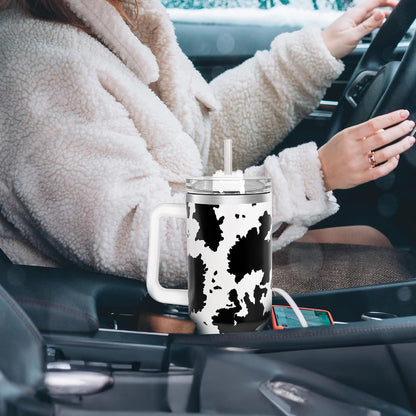 40 oz Tumbler with Handle and Straw, 100% Leak-Proof Travel Mug, Stainless Steel Double Wall Vacuum Insulated Coffee Cup Keeps Cold For 34 Hours, Dishwasher Safe, White Leopard