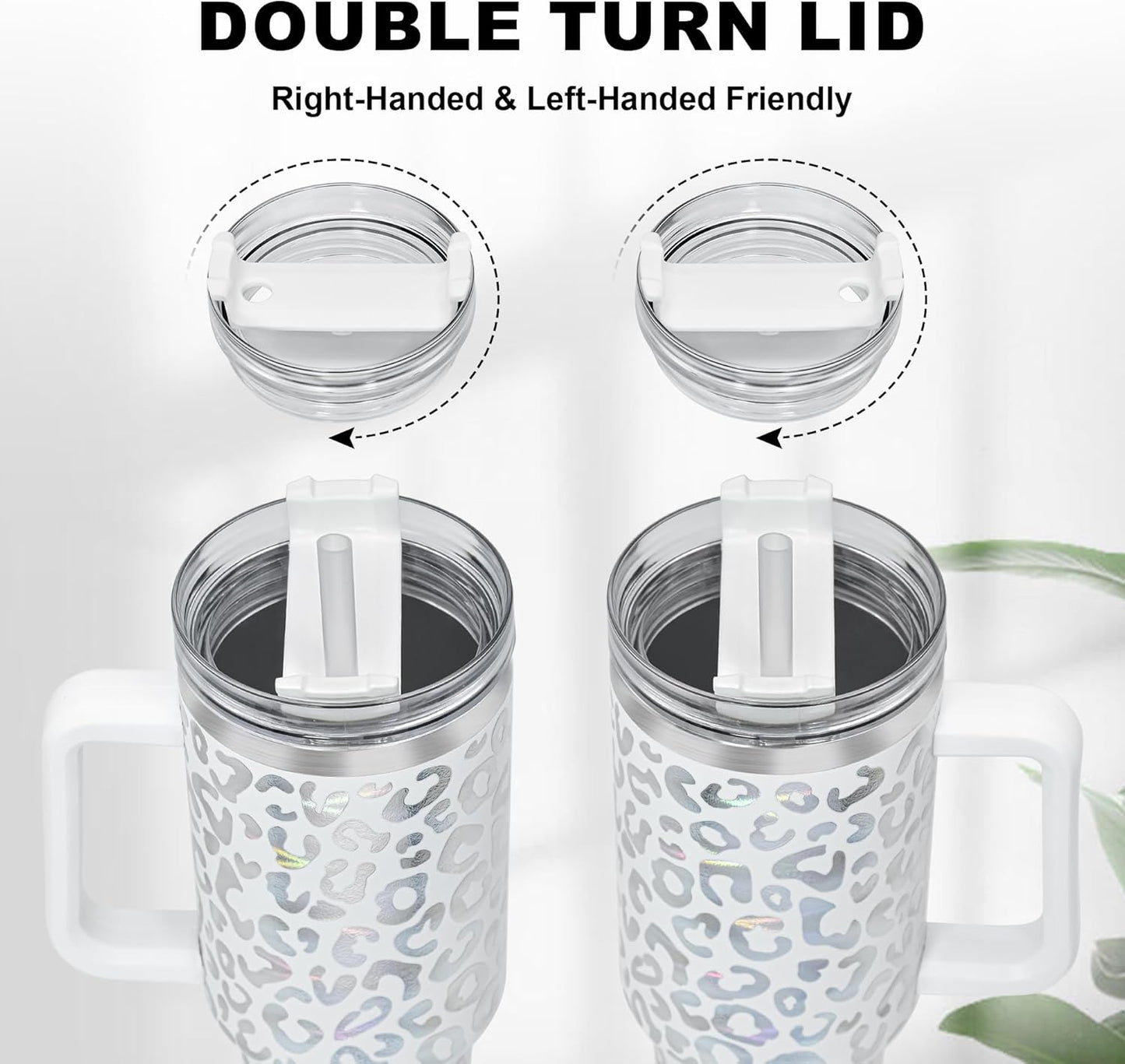 40 oz Tumbler with Handle and Straw, 100% Leak-Proof Travel Mug, Stainless Steel Double Wall Vacuum Insulated Coffee Cup Keeps Cold For 34 Hours, Dishwasher Safe, White Leopard