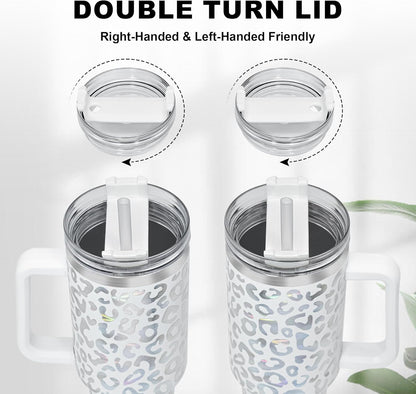 40 oz Tumbler with Handle and Straw, 100% Leak-Proof Travel Mug, Stainless Steel Double Wall Vacuum Insulated Coffee Cup Keeps Cold For 34 Hours, Dishwasher Safe, White Leopard